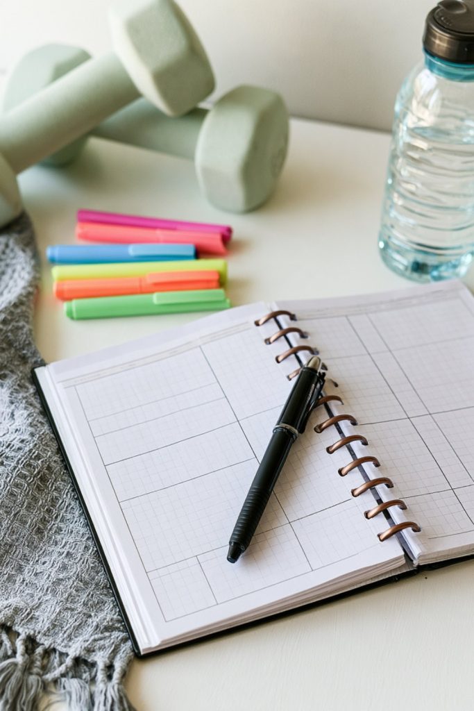 Weekly fitness planner page with a pen, colored markers and a water bottle