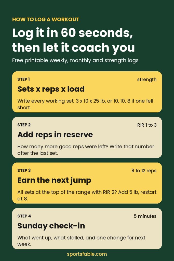 How to log a workout card: sets x reps x load, reps in reserve, earning the next weight jump, and a Sunday check-in