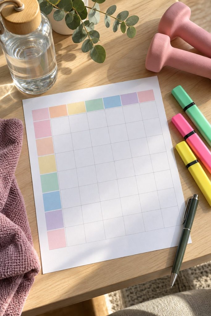 Flat lay of a printed weekly workout tracker with an empty grid, highlighters, pastel dumbbells and a water bottle