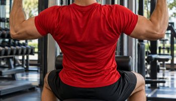 Man in a red t-shirt doing a lat pulldown on a cable machine in a modern gym