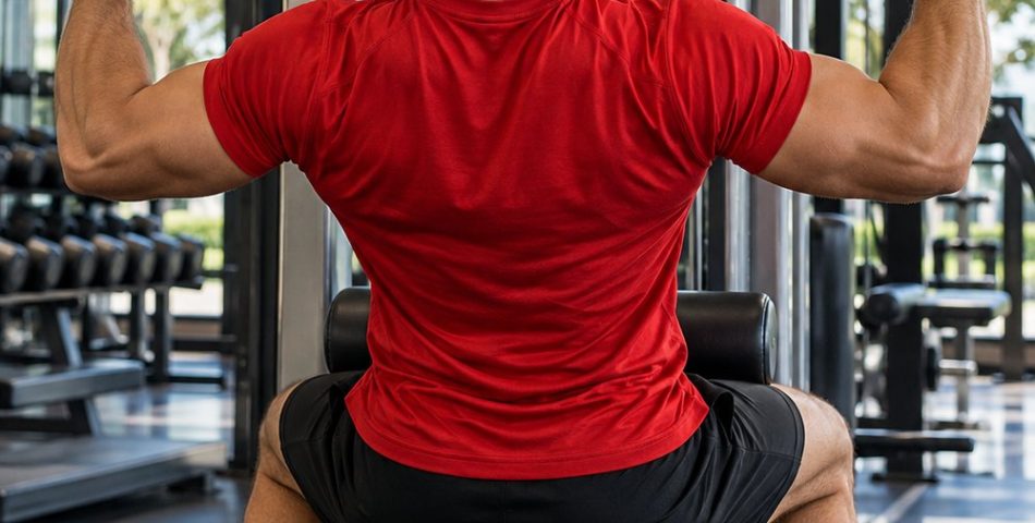Man in a red t-shirt doing a lat pulldown on a cable machine in a modern gym