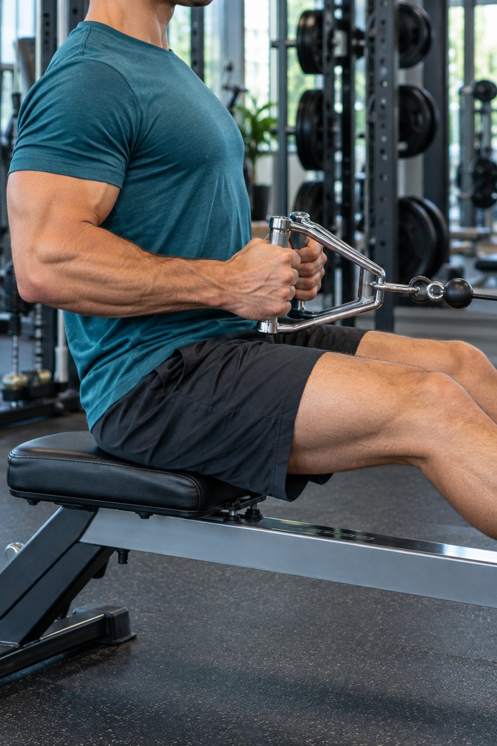 Man pulling a V-handle to his stomach on a seated cable row machine