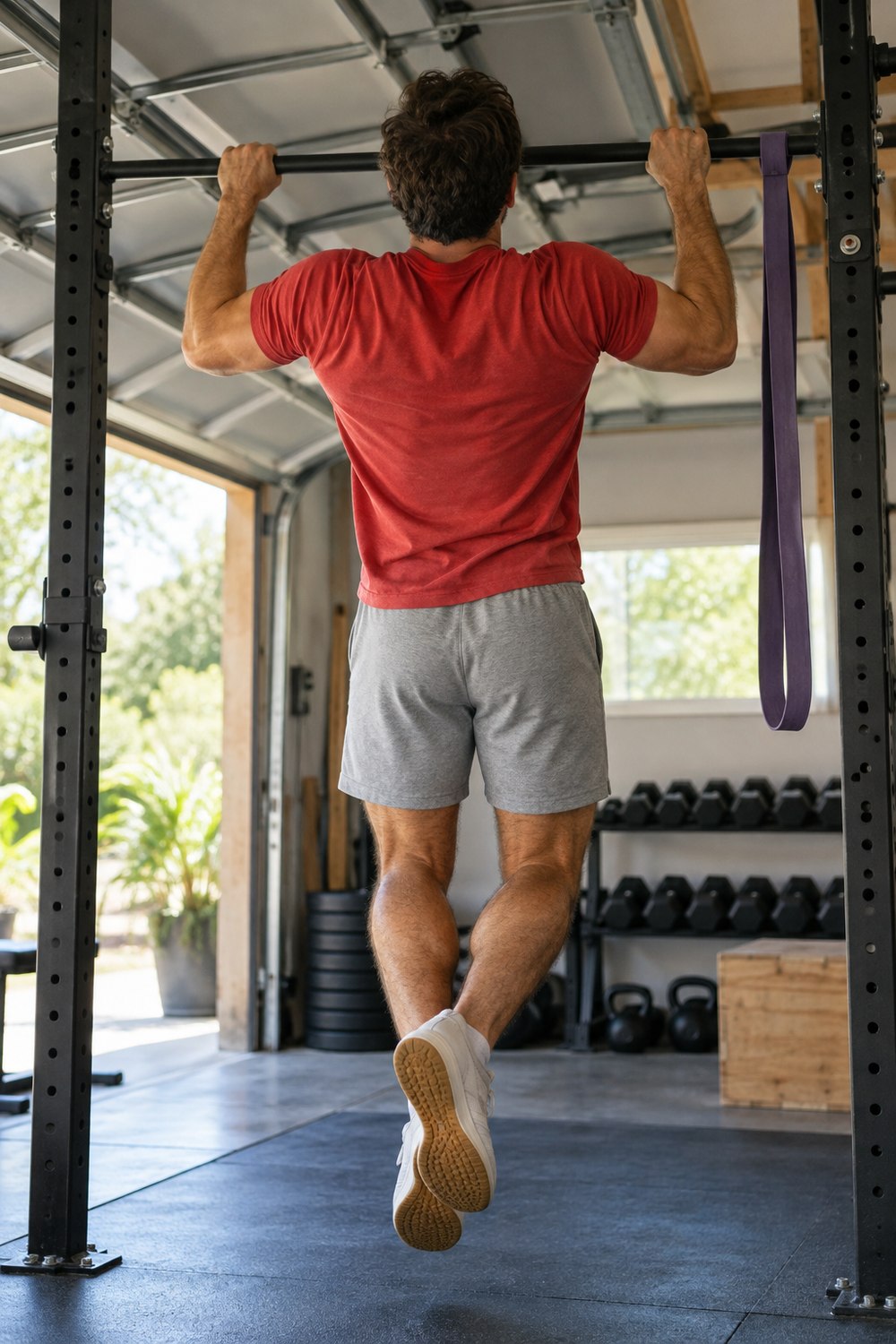 Athlete in a red t-shirt seen from behind doing a pull-up in a bright garage gym with a resistance band beside the bar