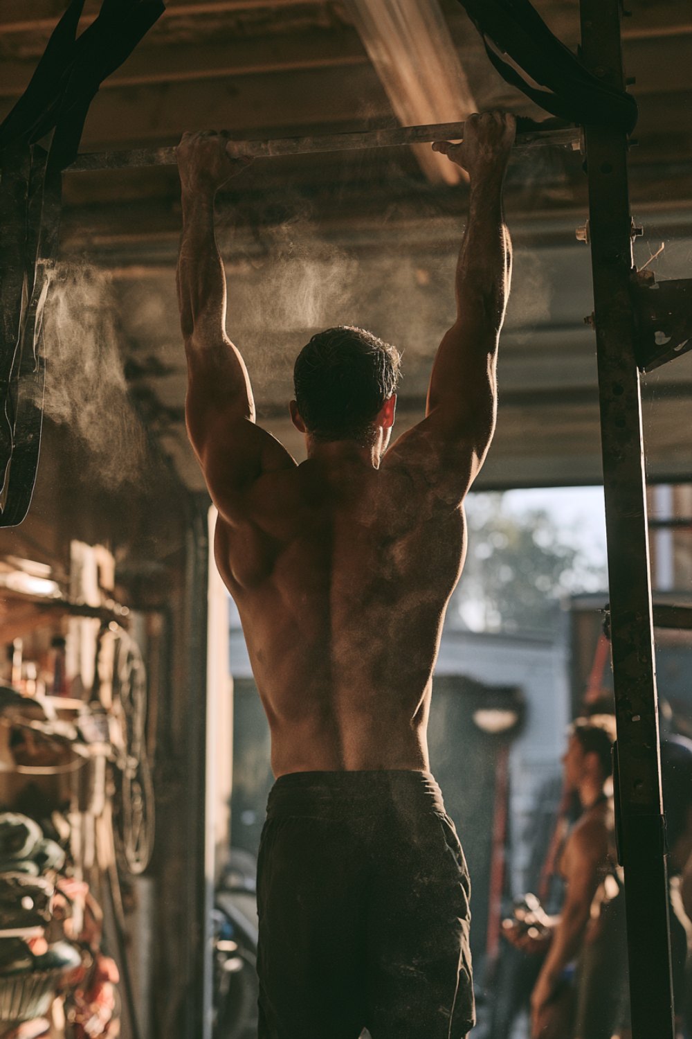 Athlete seen from behind hanging from a pull-up bar in a garage gym with chalk in the air