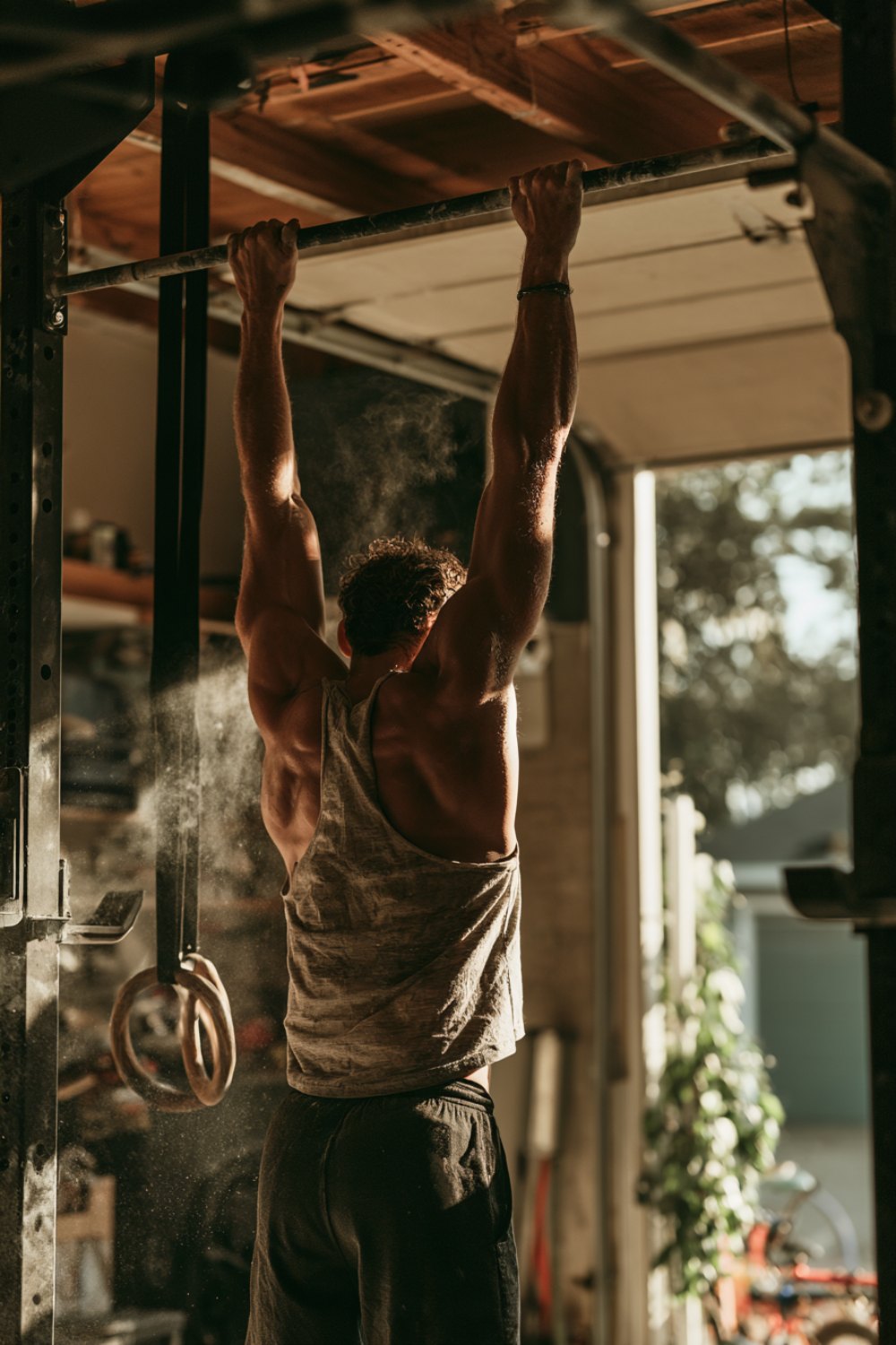 Athlete seen from behind holding a dead hang on a garage gym bar in morning light