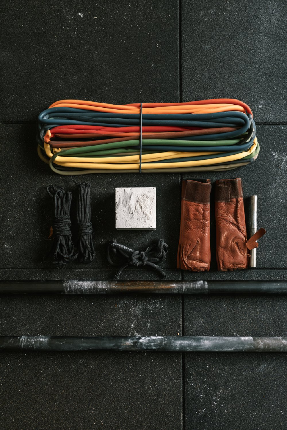 Colorful assistance bands, chalk and leather grips on rubber flooring