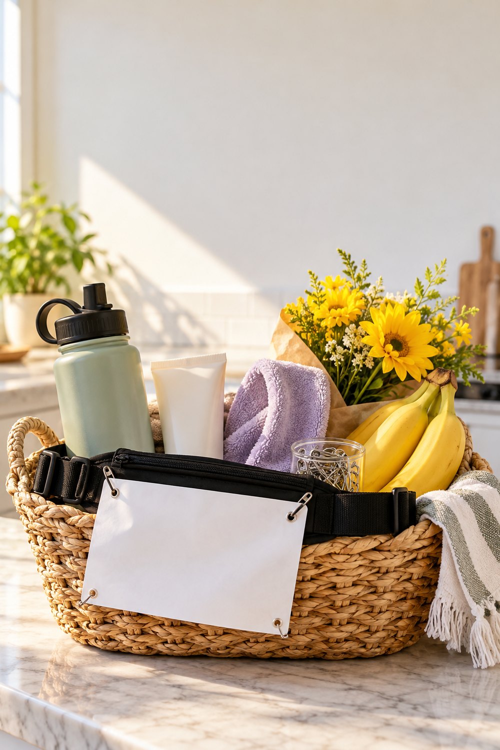 DIY race day gift basket for a runner with race belt, water bottle, sunscreen, headband, bananas and flowers