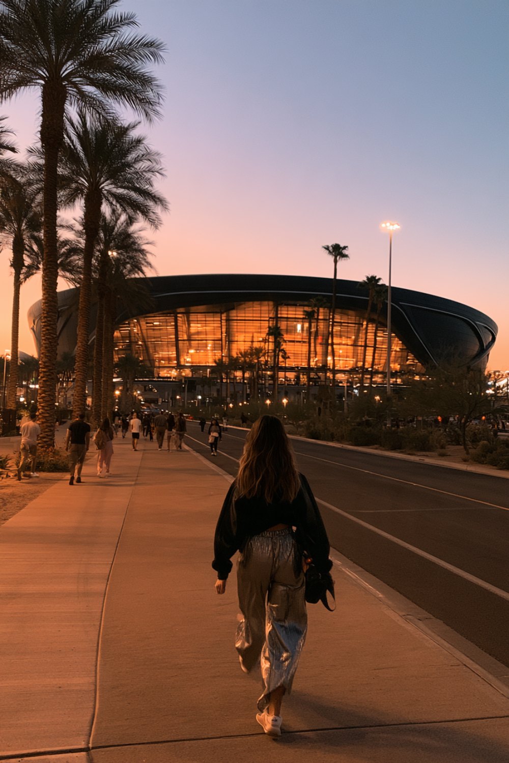 Woman from behind in black with a small bag walking a palm-lined path toward a glowing stadium