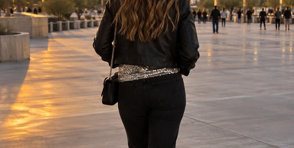 Woman seen from behind on a stadium plaza at golden hour in a black leather jacket, sequin top and black jeans, with desert mountains ahead