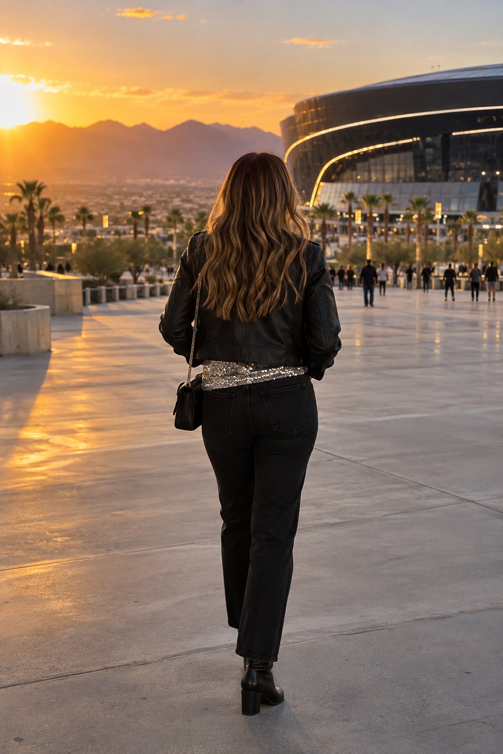 Woman seen from behind on a stadium plaza at golden hour in a black leather jacket, sequin top and black jeans, with desert mountains ahead