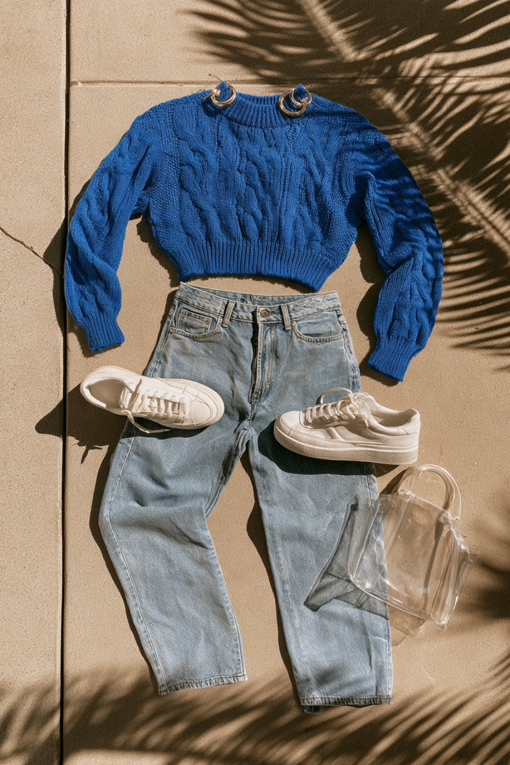 Royal blue cropped sweater with light jeans and white sneakers laid out under palm leaf shadows