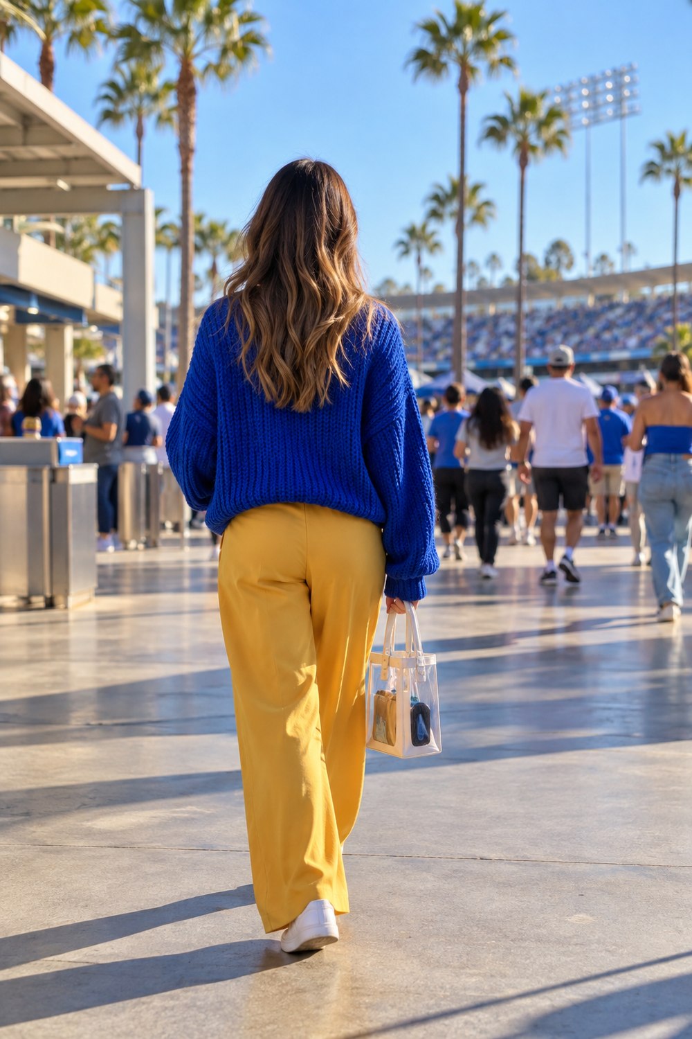 Woman seen from behind on a sunny stadium concourse in a royal blue knit sweater, golden yellow wide-leg trousers and white sneakers, carrying a clear tote