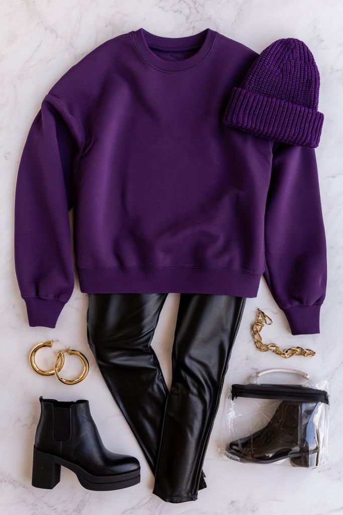 Flat lay of a purple oversized sweatshirt, black faux leather leggings, ankle boots, gold hoops and purple beanie