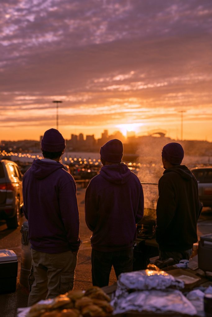 Friends in purple and black hoodies tailgating at sunset near the harbor skyline, seen from behind