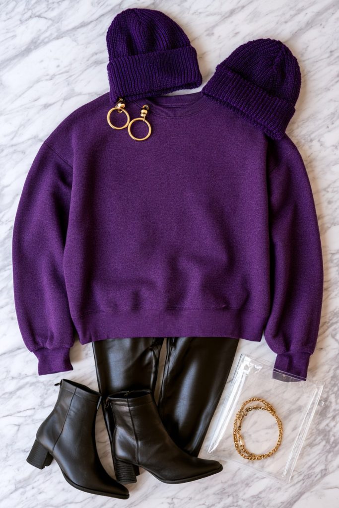 Purple sweatshirt, beanie, black boots and gold jewelry laid out on marble for a Ravens game