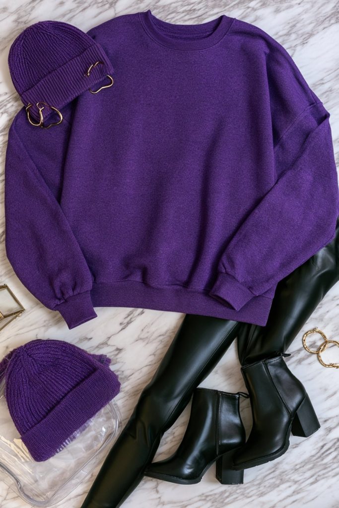 Deep purple crewneck with black leggings and boots, a clean game day outfit on marble
