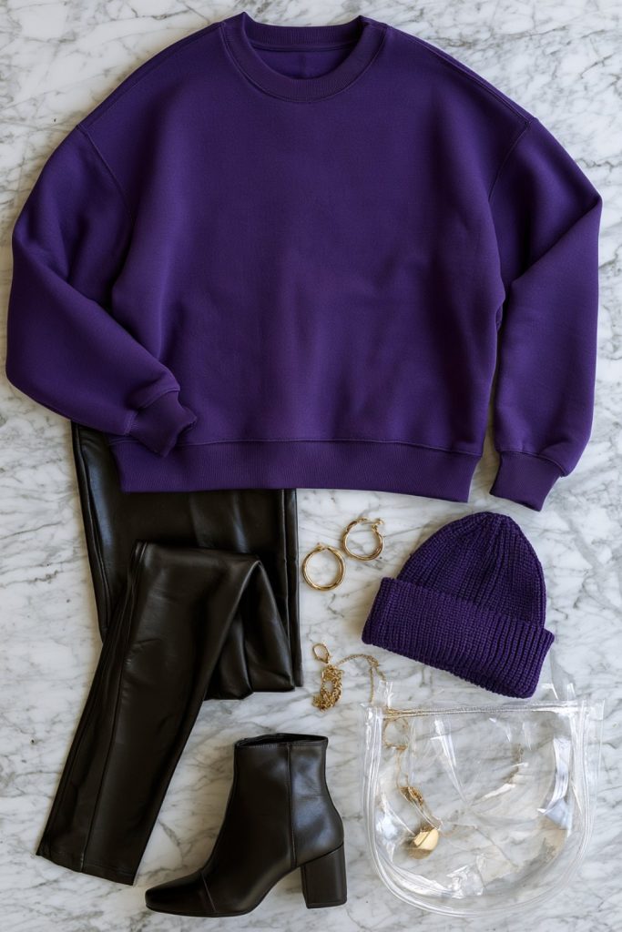 Purple sweatshirt, black leggings, ankle boots, beanie and clear stadium bag flat lay