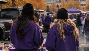 Two friends in purple hoodies and black beanies tailgating at a folding table in a stadium lot, seen from behind