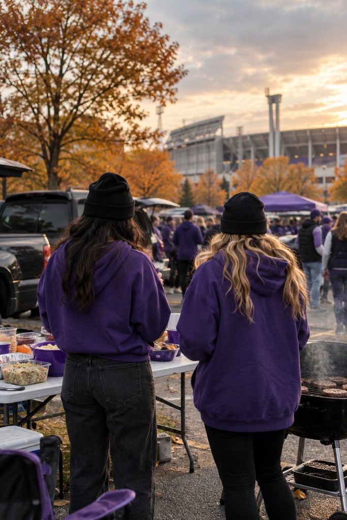 Two friends in purple hoodies and black beanies tailgating at a folding table in a stadium lot, seen from behind