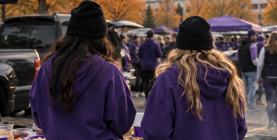 Two friends in purple hoodies and black beanies tailgating at a folding table in a stadium lot, seen from behind