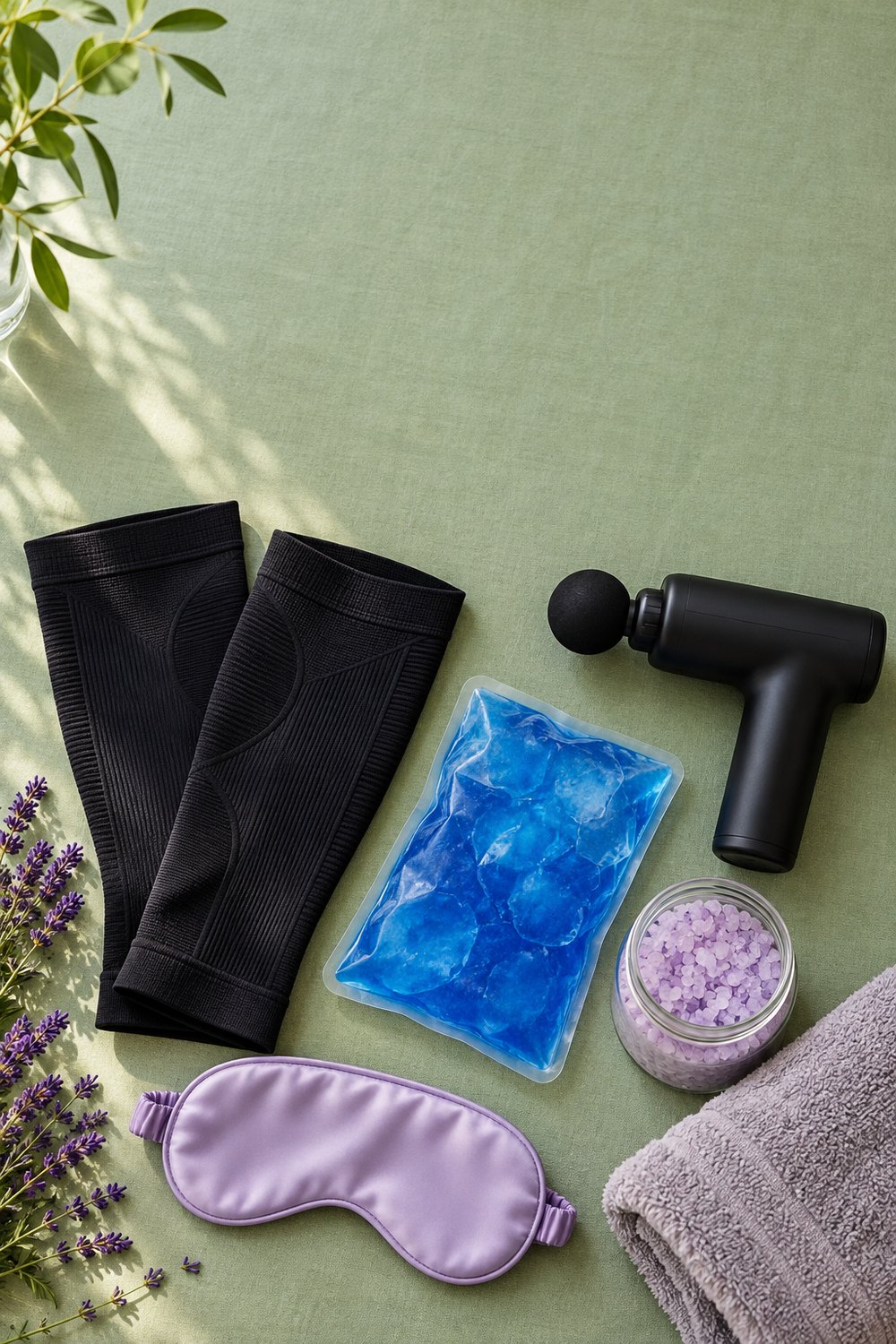 Recovery gifts for athletes with a massage gun, compression sleeves, blue gel ice pack, bath soak and sleep mask