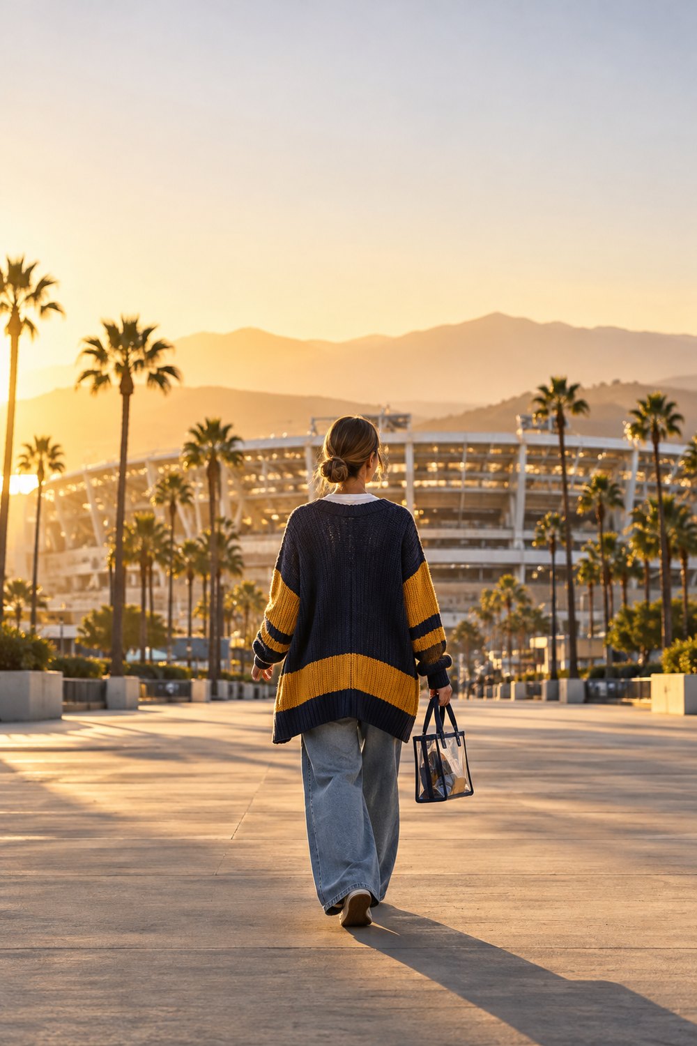Woman seen from behind walking to a stadium among palm trees at golden hour in a long navy and gold cardigan and wide-leg jeans