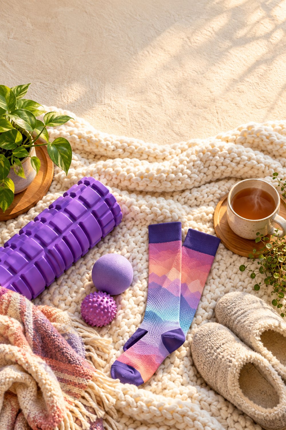 Recovery gifts for runners: purple foam roller, massage balls, compression socks, slippers and tea on a knit blanket