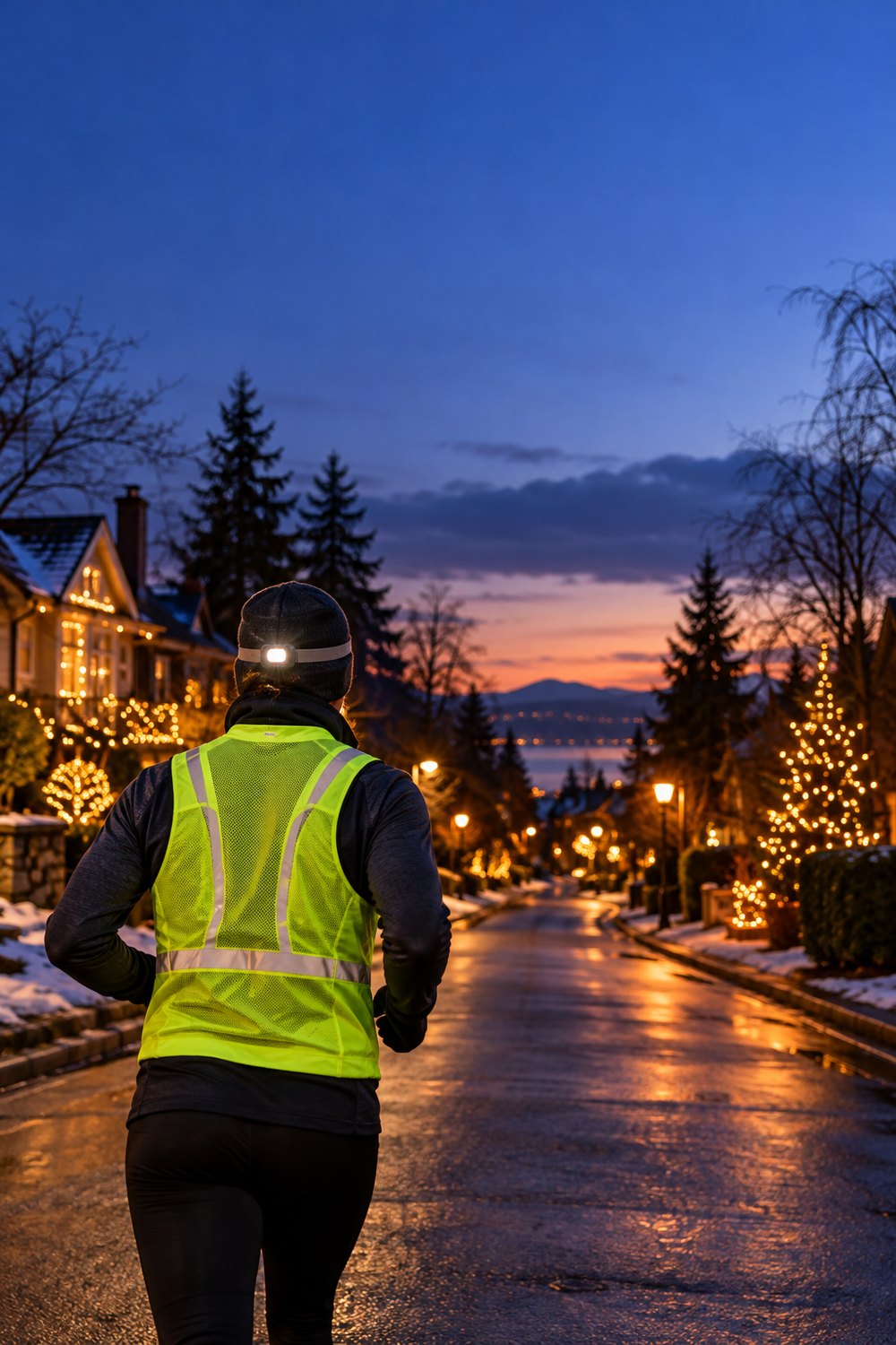 Runner seen from behind wearing a neon reflective vest and headlamp on a street with Christmas lights at dusk