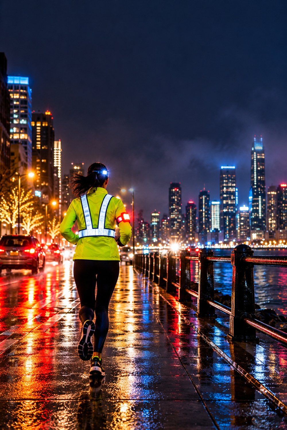 Runner seen from behind at night in a neon jacket, reflective vest, headlamp and LED armband on a wet city sidewalk