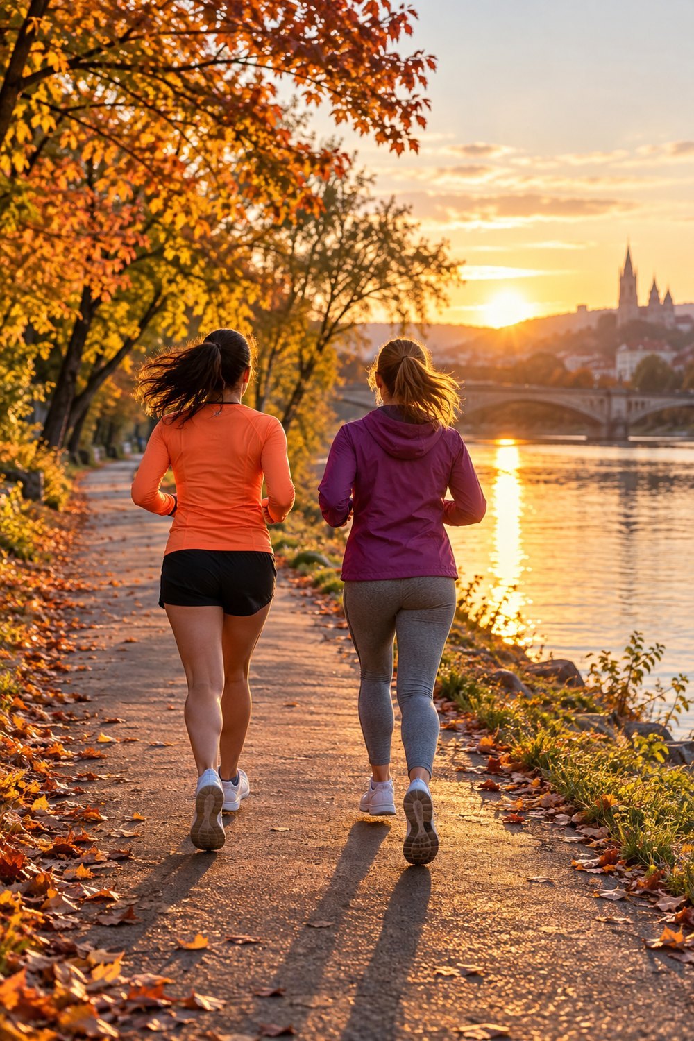 Two friends jogging side by side on a riverside path at golden hour with autumn trees