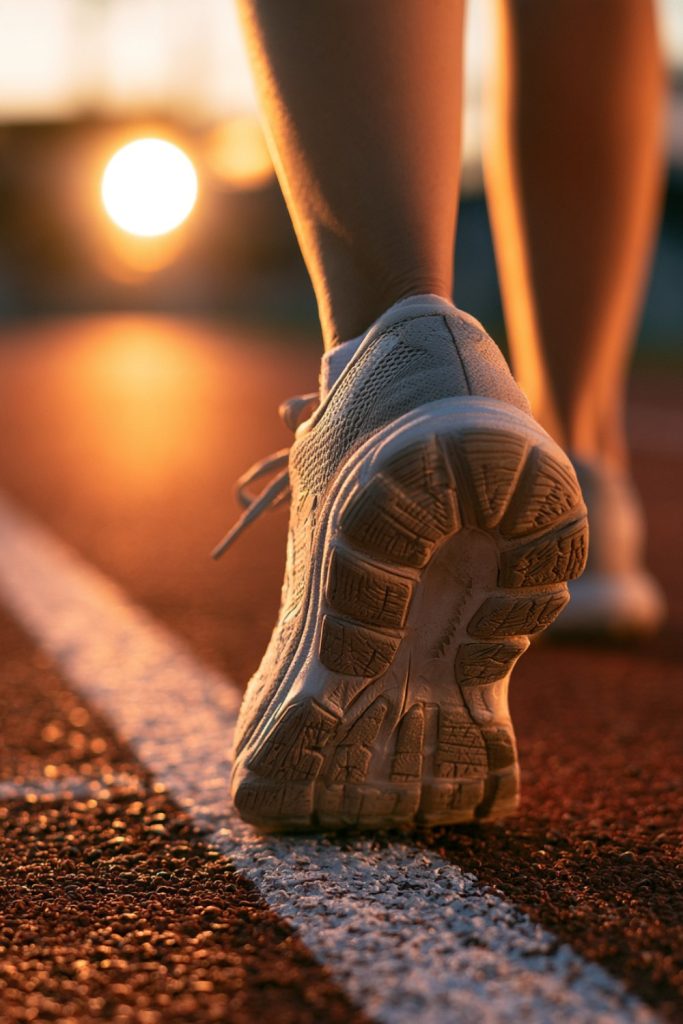 Close up of a running shoe striking the track near a lane line at sunset