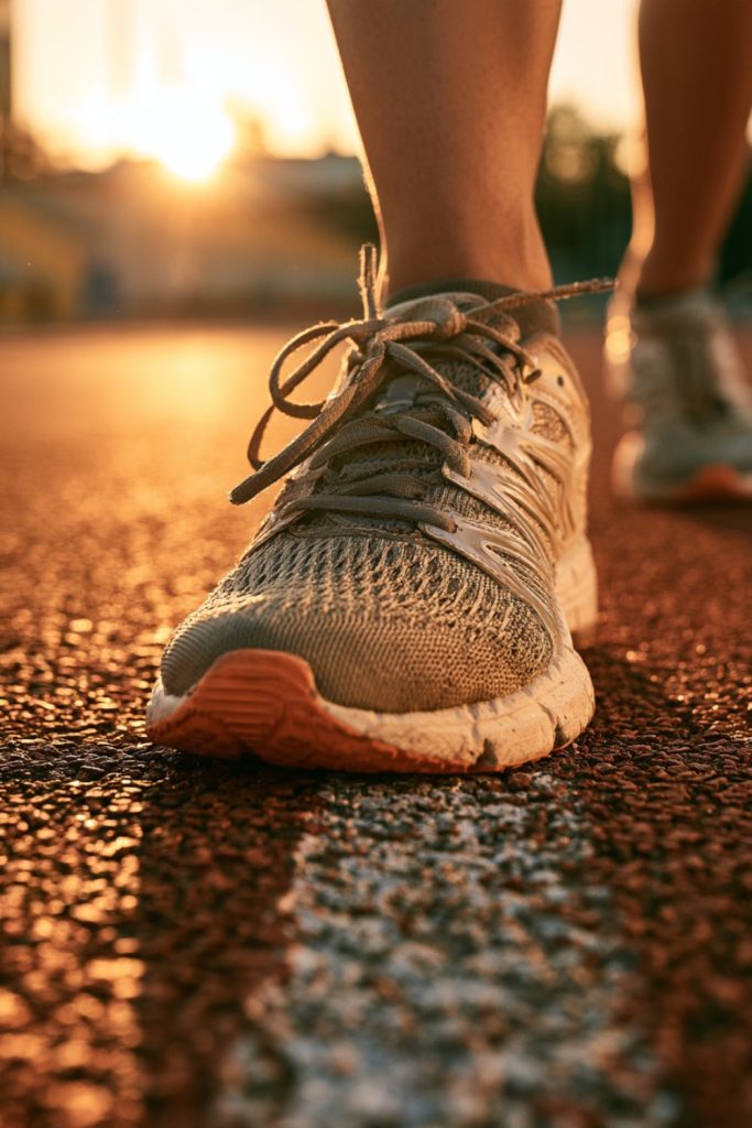 Grey running shoe mid-stride on a red track in warm evening light