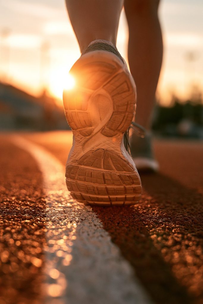 Running shoe stepping over a white lane line on a track at golden hour