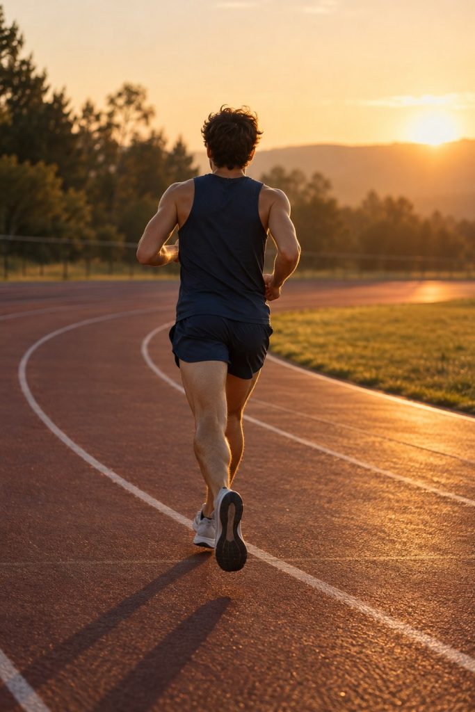 Runner seen from behind mid-stride on an outdoor track at golden hour in a navy singlet