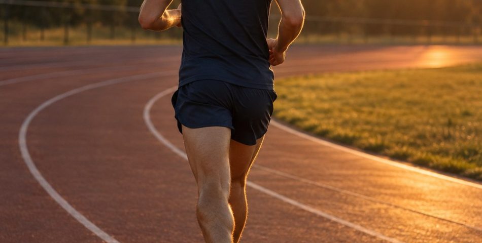 Runner seen from behind mid-stride on an outdoor track at golden hour in a navy singlet