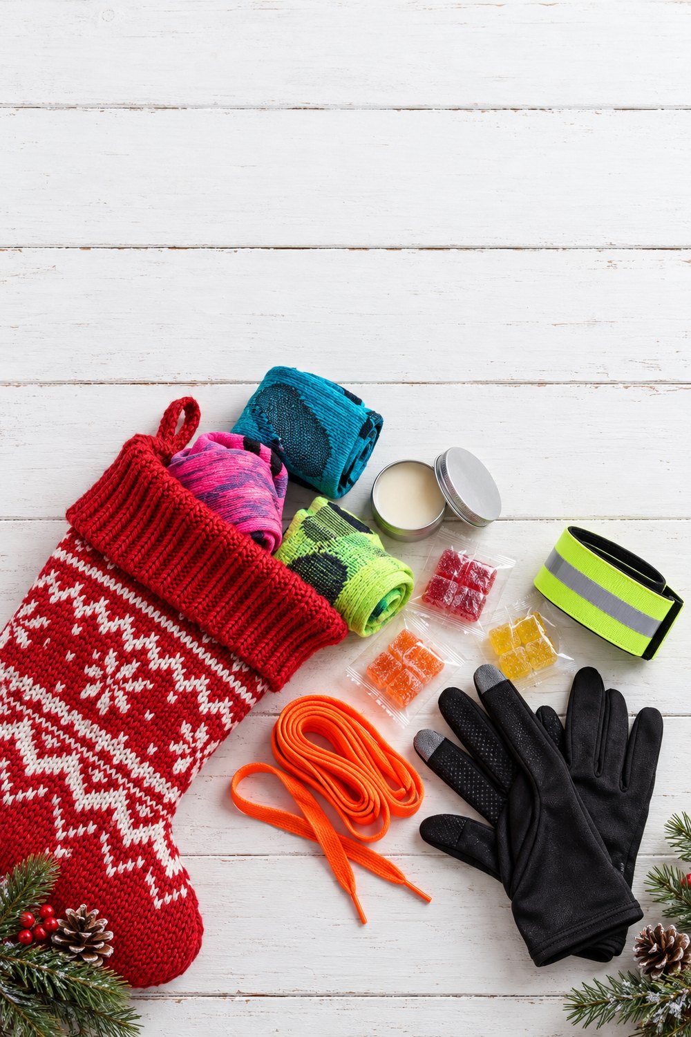 Red Christmas stocking with running socks, balm tin, energy chews, reflective arm band, gloves and bright laces
