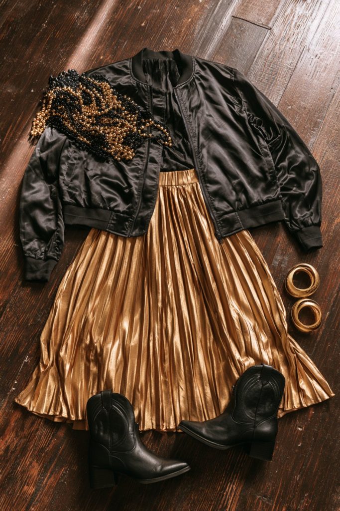 Flat lay of a black satin bomber jacket, gold pleated midi skirt, black boots and black and gold beads