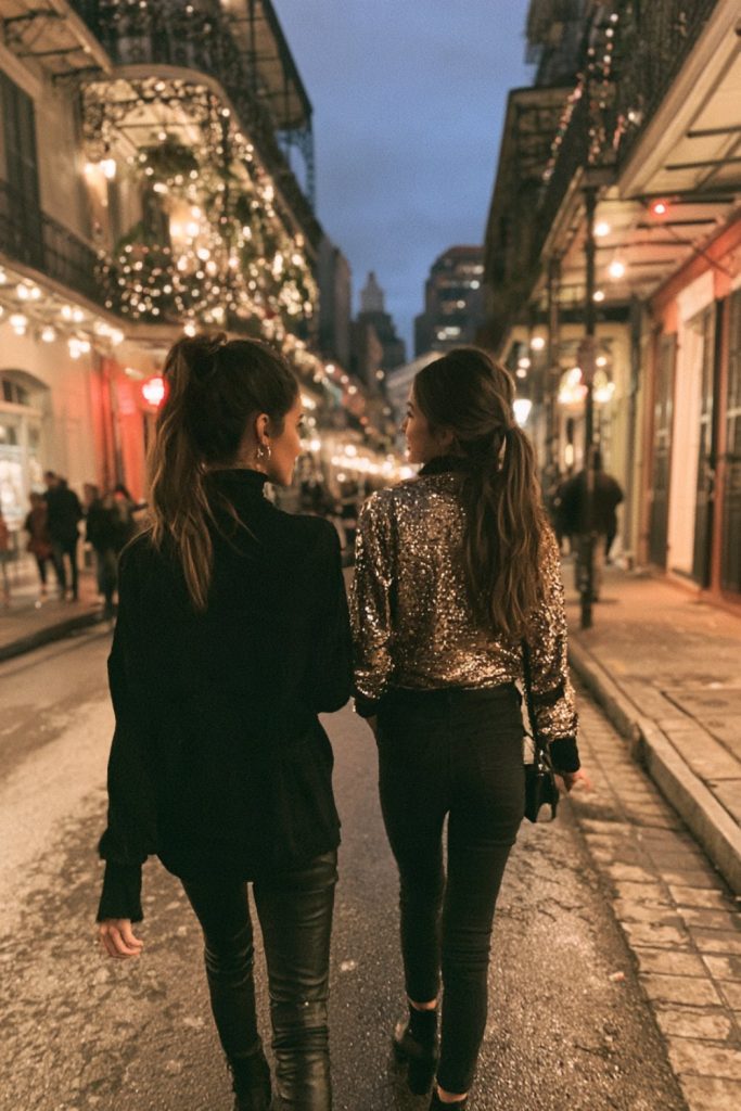 Two friends seen from behind on a New Orleans street with iron balconies and string lights at dusk