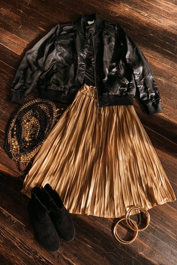 Black bomber and gold pleated skirt outfit laid out on a dark wood floor