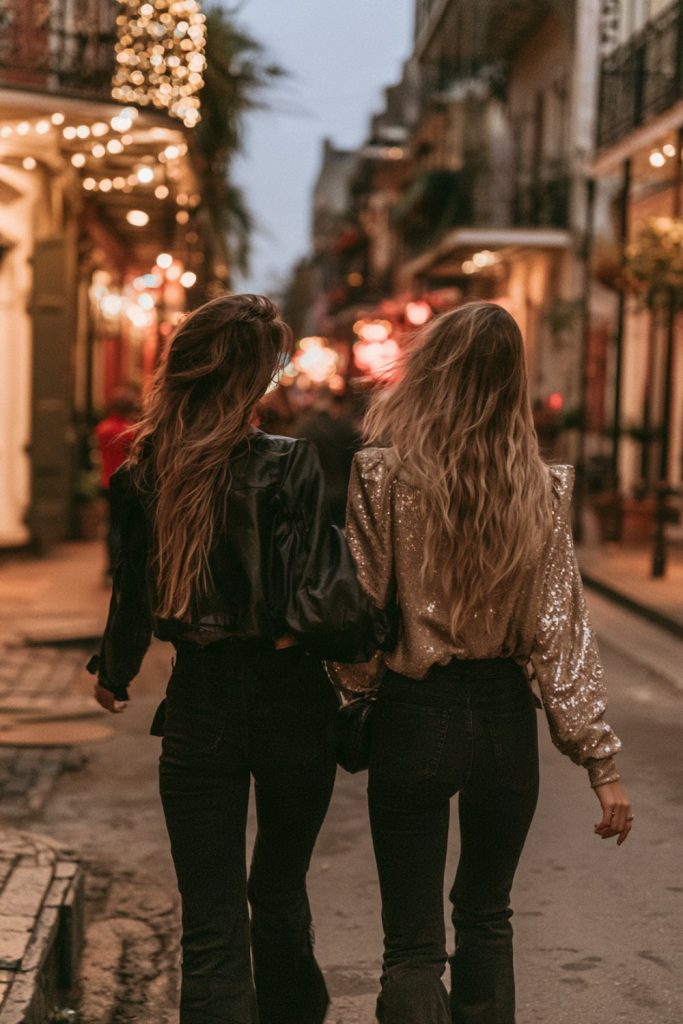 Friends in black and gold outfits walking down a lantern-lit French Quarter style street, seen from behind