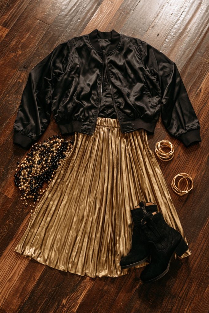 Black satin jacket with an old gold skirt, ankle boots and gold bangles for a Saints game