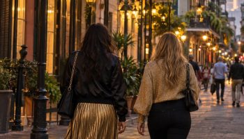Two women seen from behind on a New Orleans street, one in a black bomber and gold skirt, one in gold and black