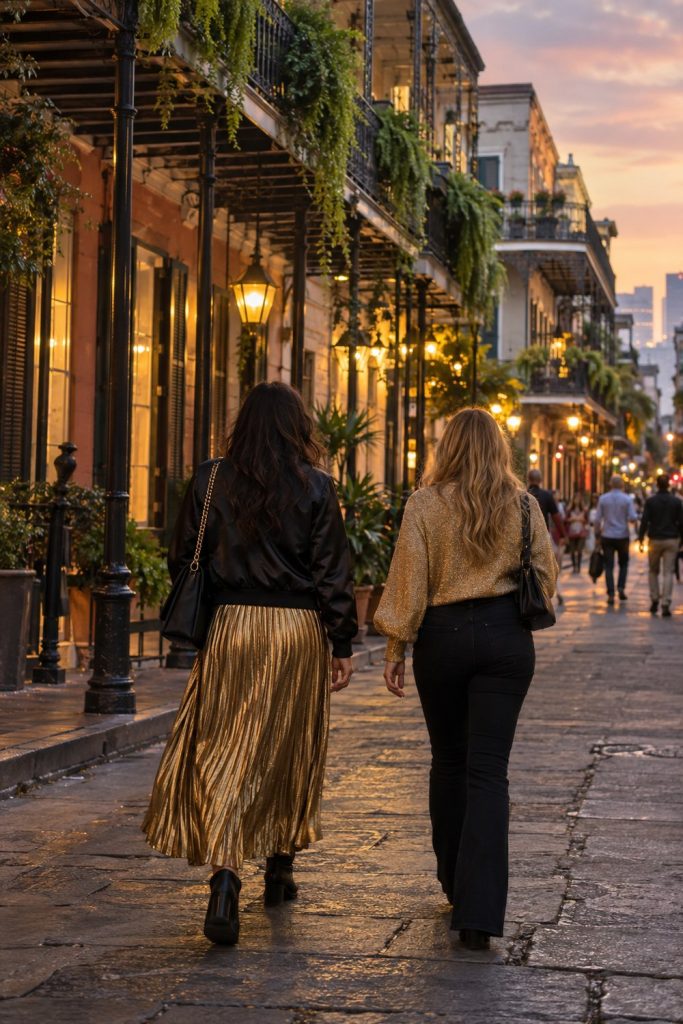 Two women seen from behind on a New Orleans street, one in a black bomber and gold skirt, one in gold and black