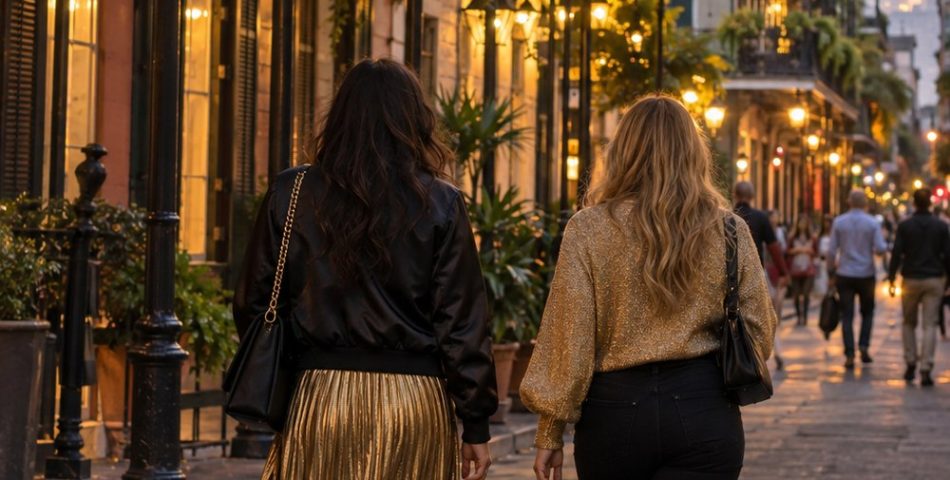 Two women seen from behind on a New Orleans street, one in a black bomber and gold skirt, one in gold and black