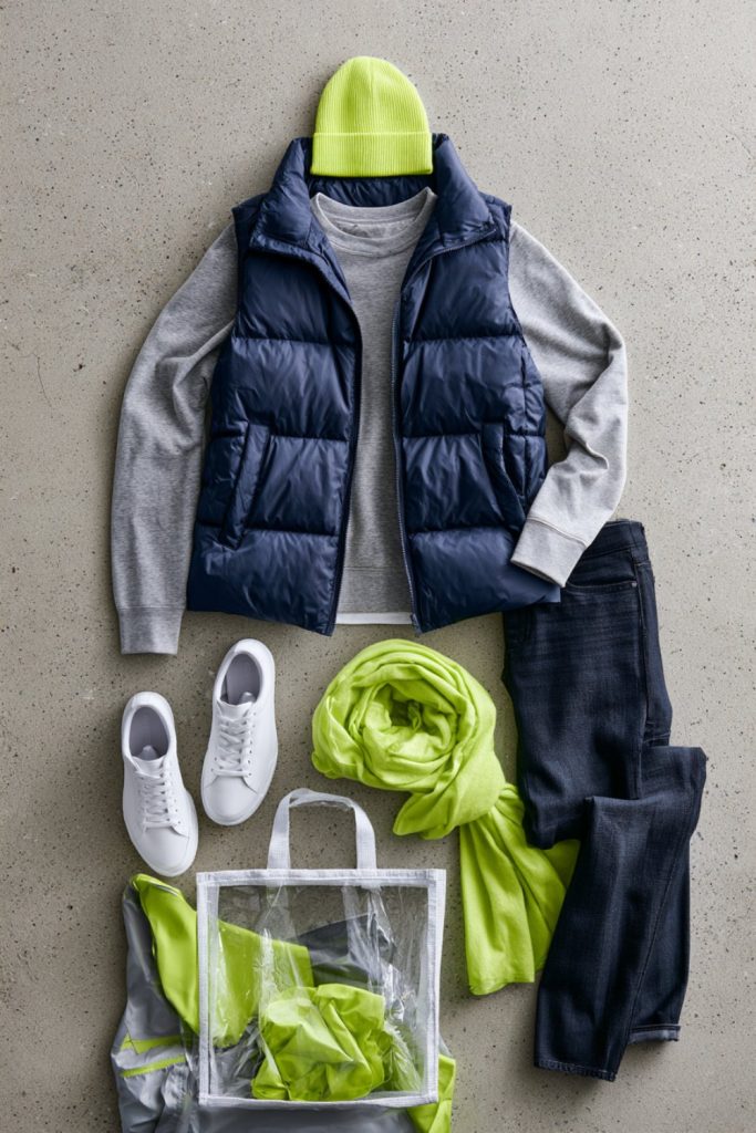 Flat lay of a navy puffer vest, grey sweatshirt, lime beanie, dark jeans, white sneakers and clear tote