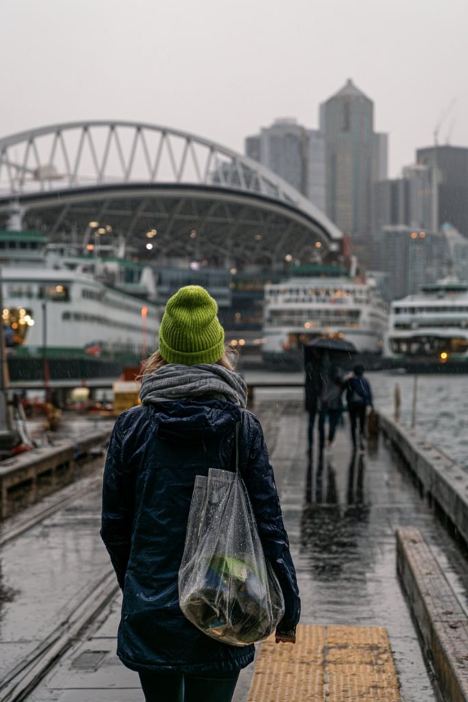 Woman in a lime beanie and dark rain jacket on a wet waterfront walk toward a football stadium, seen from behind