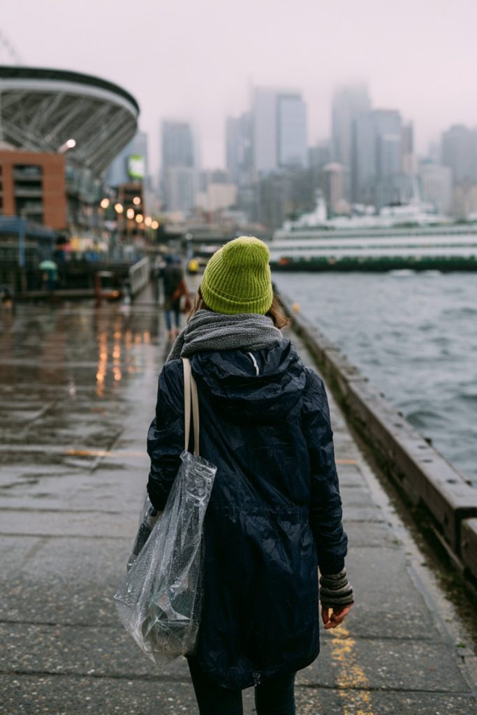 Fan with a clear tote walking along a misty harbor toward the stadium in the rain, seen from behind