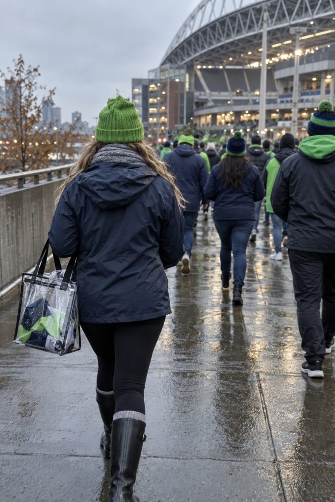 Fan seen from behind in a navy rain jacket, lime green beanie and clear tote walking to the stadium on a wet day