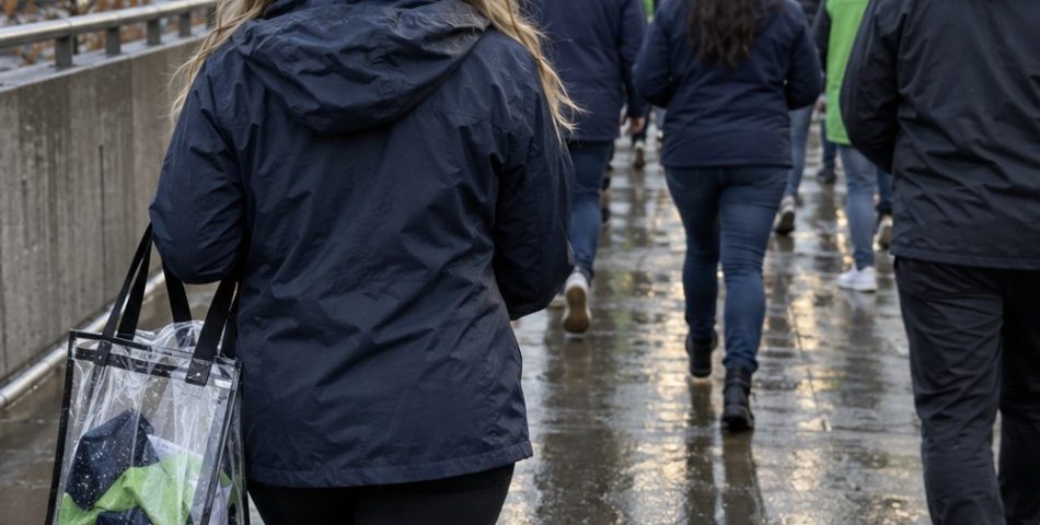 Fan seen from behind in a navy rain jacket, lime green beanie and clear tote walking to the stadium on a wet day