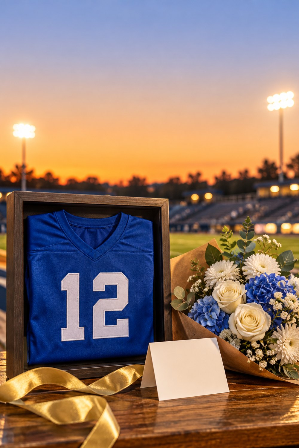 Senior night gift idea: shadow box with a blue number 12 jersey, flowers and a blank card at a stadium at dusk
